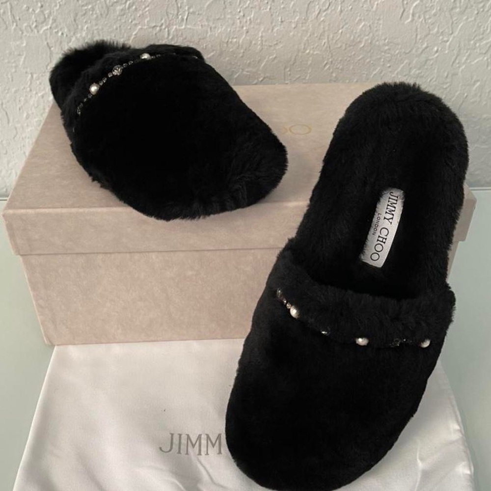 Jimmy Choo Black Fuzzy Slippers with Crystal and Pearl Bead Detailing
